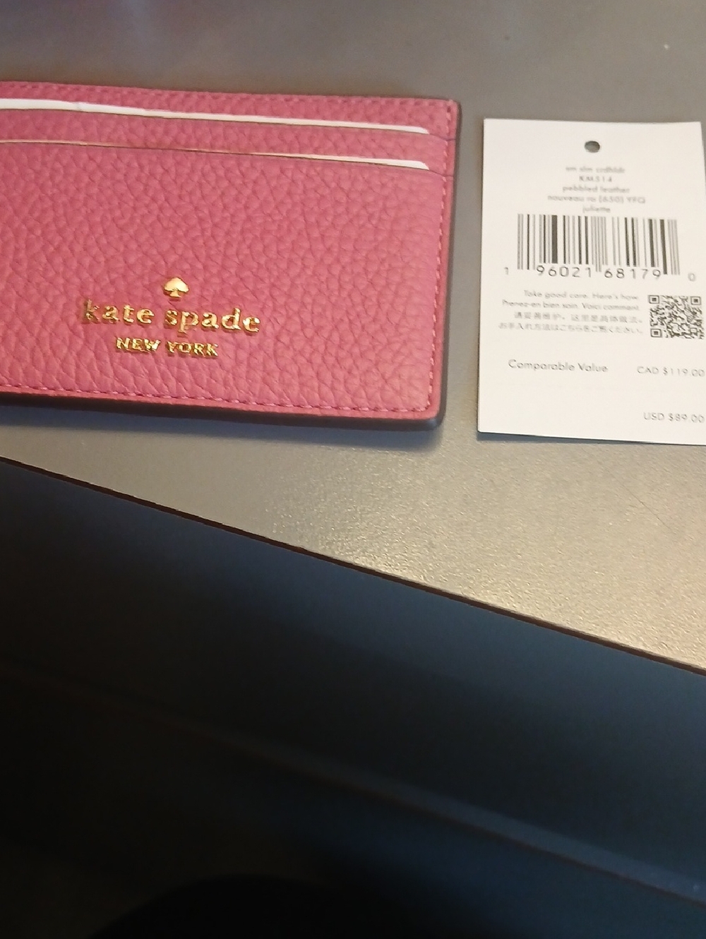 kate spade Pink Pebbled Leather Slim Card Case with Gold Logo